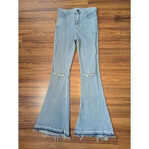 Mumu Blue High-Rise Flare Jeans - Distressed Knees- Size 28